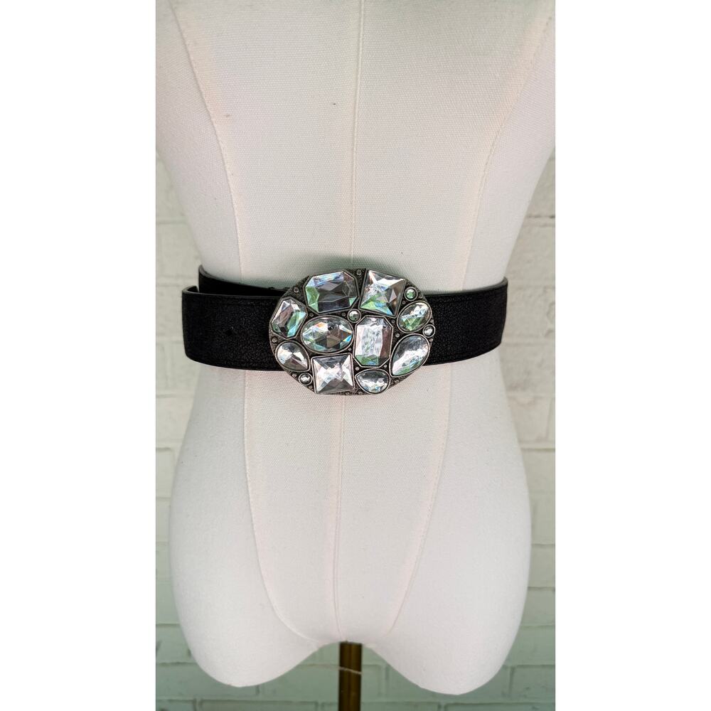 No Boundaries Oversized Rhinestone Statement Belt Black Faux Leather Y2K Glam L